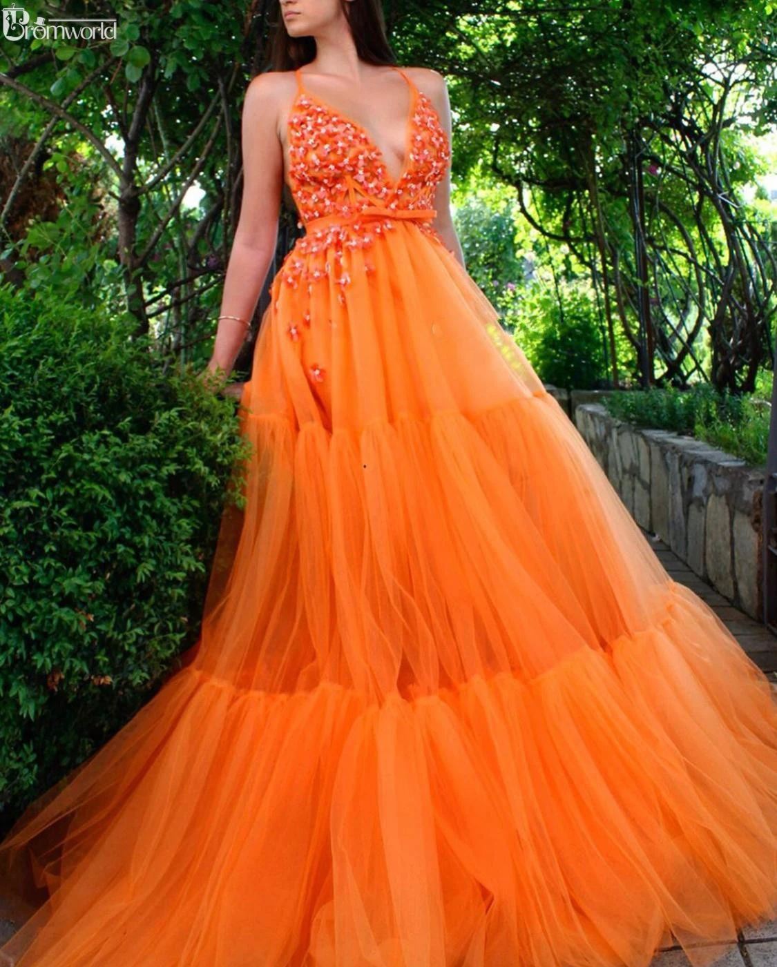 de fiesta naranja con en V, flores 3D, hecho a mano, corte en A, largo, 2022|Vestidos de graduación| - AliExpress