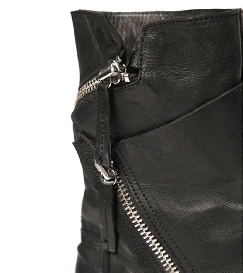 Black Genuine Leather Punk Mens Boots Fashion Zipper Design Motorcycle Riding Shoes Male Antiskid Platform Rock Military Boots