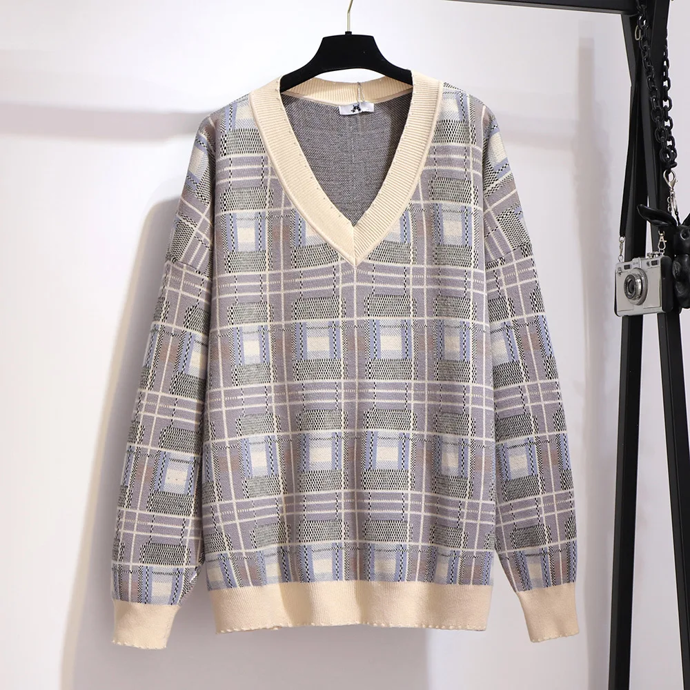 2XL~ 6XL женский зимний свободный свитер в клетку, вязаный пуловер с v-образным вырезом, топы размера плюс, клетчатый узор, длинный рукав, Повседневная вязаная одежда H748