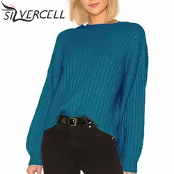 Осенний Свитер оверсайз для женщин с круглым вырезом и длинным рукавом, Однотонный свитер, вязаный свитер с диким темпераментом, пуловеры
