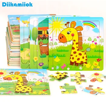 Sale 9 Pieces of Wooden Puzzle Cognition Animals and Vehicles Jigsaw Kindergarten Children Educational Toys Baby Wood Toy Gifts 1
