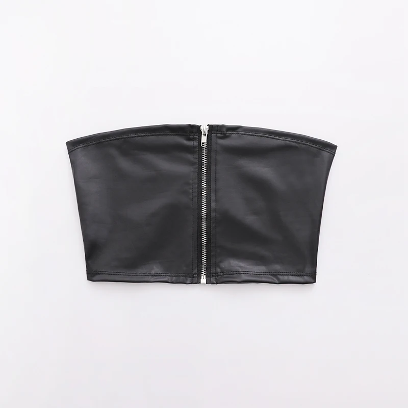 SheMujerSky Summer Pu Leather Crop Top Women Black Sexy Zipper Cropped Tops Sleeveless Top