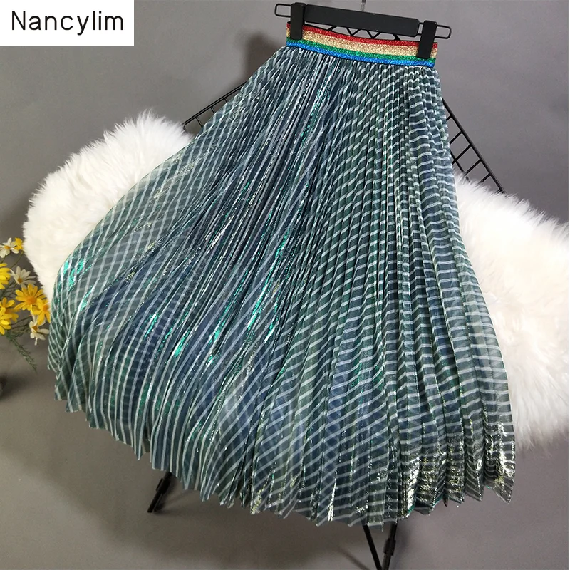 Радужная юбка женская с высокой талией зеленая полосатая плиссированная юбка Лето Осень Девушки Дамы Большой маятник элегантный экран сетка юбка