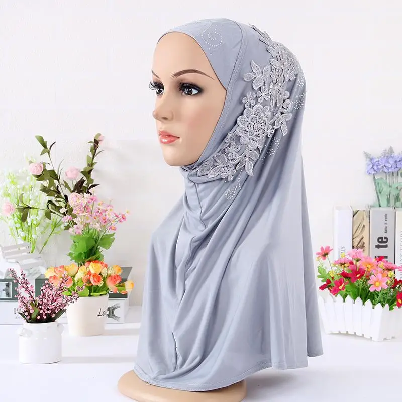 Модный женский мусульманский платок, однотонный хлопковый цветок, бриллиантовый исламский хиджаб шарф, шали и обертывания, готовые к износу хиджабы - Цвет: 4