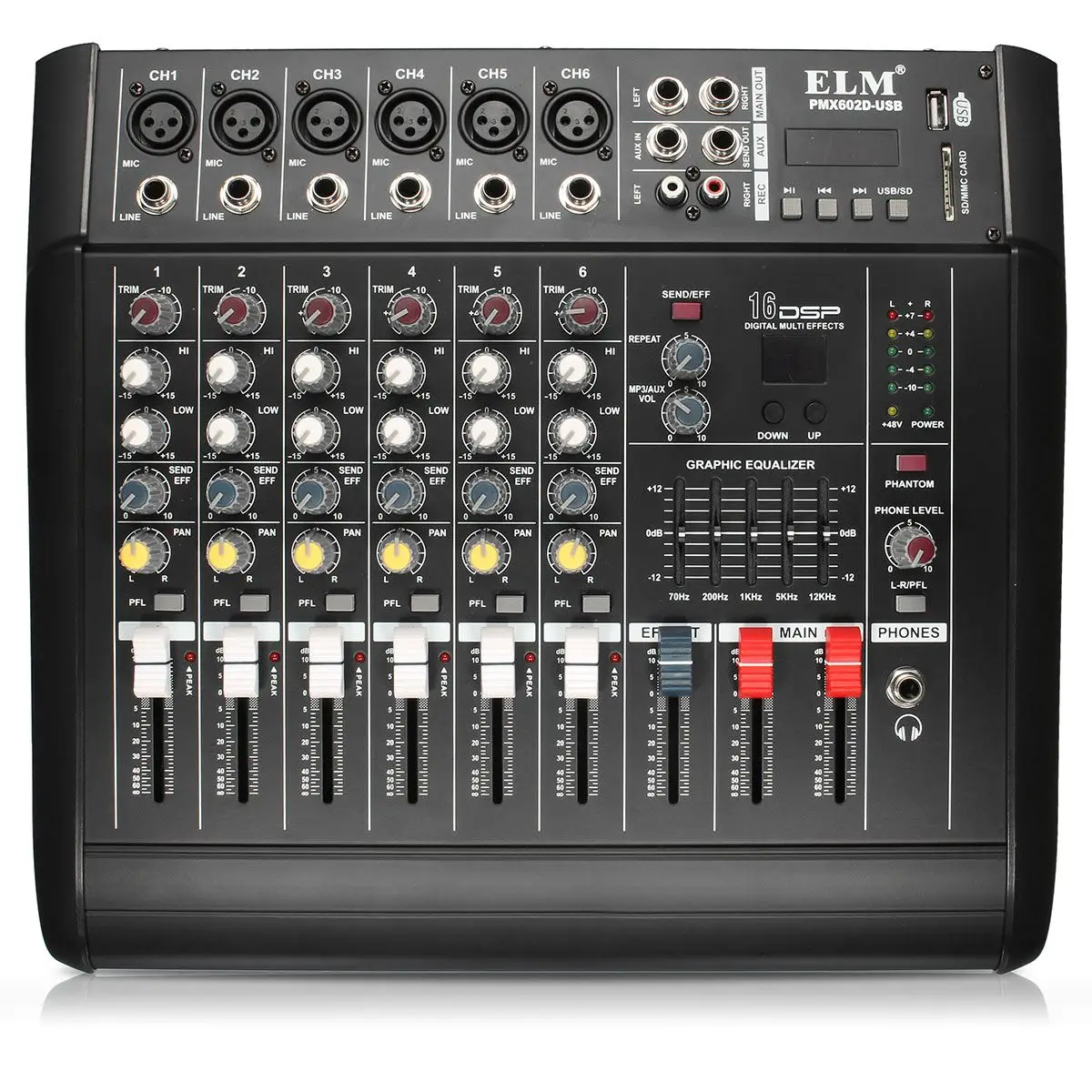 

48V Phantom Powers Mixer USB 6 Channel Amplifier DJ Karaoke Audio Mixer Support USB Memory Card for Performance Family