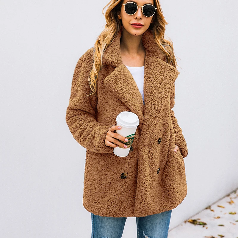 Женская плюшевая куртка, на пуговицах и с длинным рукавом, плотное теплое свободное пальто с карманами, свободная розовая куртка для осеннего или зимнего сезона, есть большие размеры