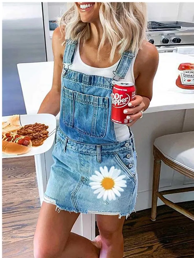 Women Fashion Printing Jumpsuits Women Street Style Condole Belt jeans Shorts Denim Bib Overalls Jumpsuits Size S-5XL