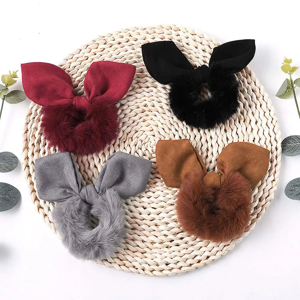cheap 2PCS Bunny Ears Scrunchies Set Faux Rabbit Hair Women Elastic Hair Bands Girls Headwear Rubber Hair Ties Fluffy Ponytail Holder