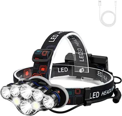 Lampe frontale étanche à 8 LED, Rechargeable avec USB, lumière blanche et rouge, 8 Modes d'éclairage, idéale pour le Camping en plein air 
