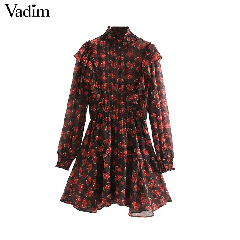 

Vadim women elegant floral pattern chiffon dress ruffles long sleeve elastic waist female casual mini dresses vestidos QD160