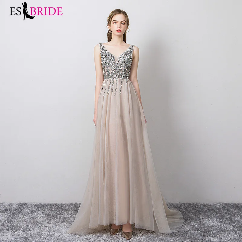 

Prom Dresses 2019 ES2987-1 Elegant A Line V Neck Tulle Wedding Party Gowns With Crystals Vestidos De Fiesta Elegantes Largos
