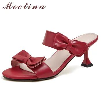 

Meotina Bow Genuine Leather High Heels Slippers Round Toe Ladies Slides Thin Heel Women Shoes Summer Causal Sandals Red Beige