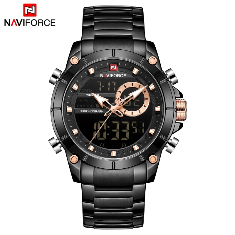 NAVIFORCE часы лучший бренд Мода черный двойной дисплей мужские часы из нержавеющей стали Роскошные деловые водонепроницаемые мужские наручные часы s