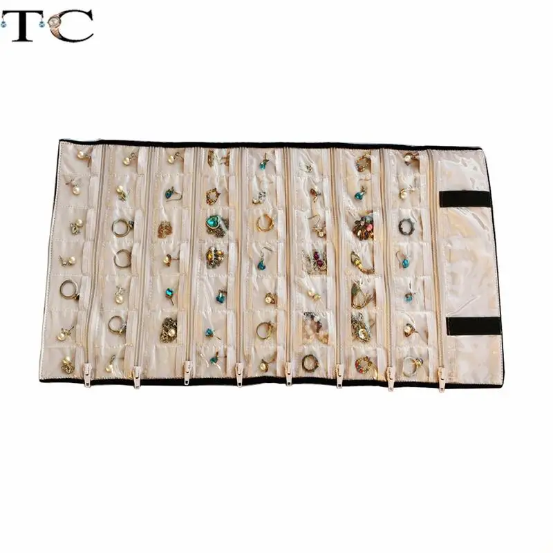 Velvet Zipper Jewelry Roll Bag for Jewellery Ring Earrings Organizer Storage Bag Portable Necklace Display Cases 15/30/40 Grid