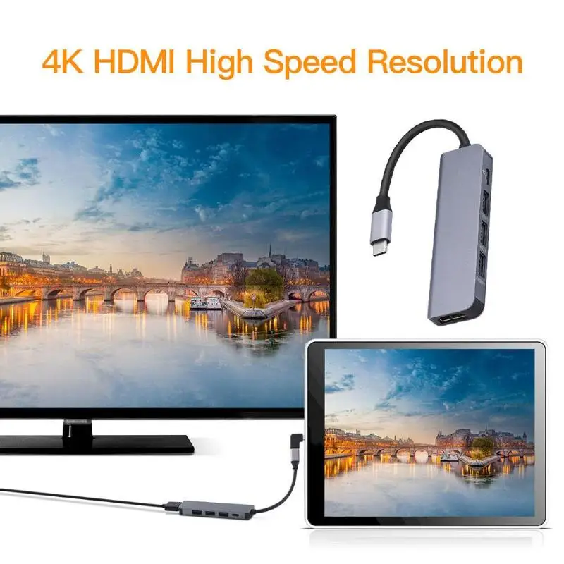 5 в 1 type-C концентратор USB-C к HDMI 3xUSB-A 3,0 USB-C зарядное устройство адаптер Поддержка дропшиппинг
