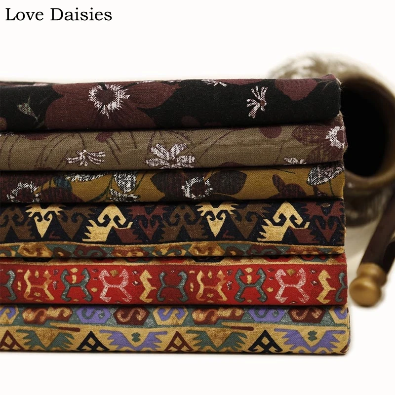 Хлопок/лен этнический черный коричневый цветок охра красный фиолетовый поперечный полосатый ткань для одежды платье домашний декор скатерть подушка