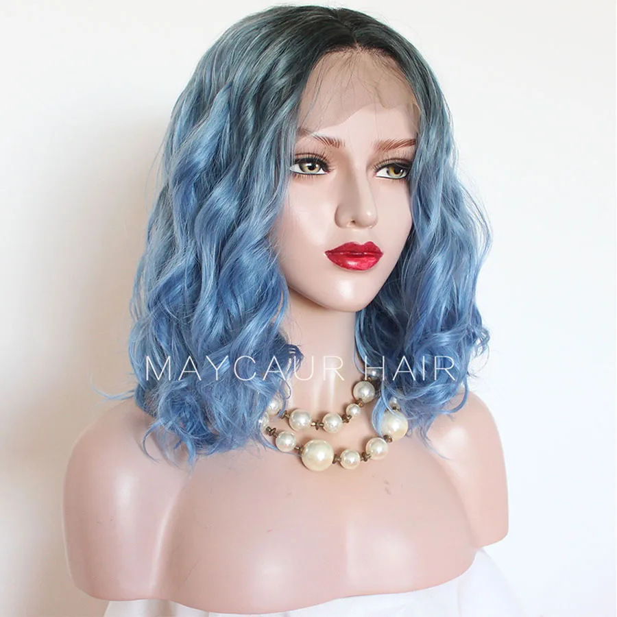 Maycaur Lace Front Wigs Short Wavy Hair Blue Color Synthetic Wigs for Black Women Natural Color Half Hand Tied Heat Resistant Soft Fiber Hair 16 Inch (2)