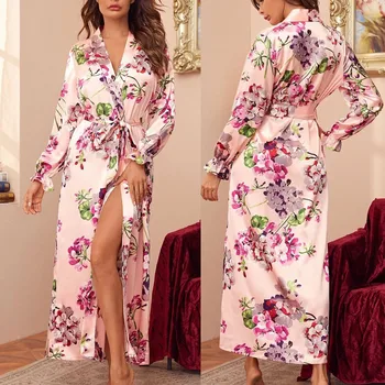

Long Robes For Women Satin Dressing Gown Sexy Pajamas Sexy Bathrobe Women Robes Pink Sleepwear Sexy Robe szlafrok damski халат
