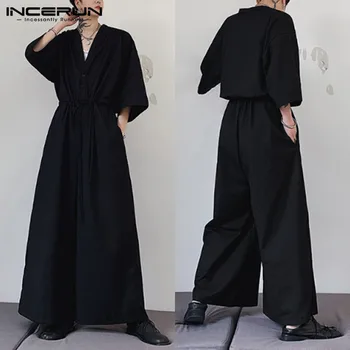 

INCERUN Fashion Men Casual Half Sleeve Black Overalls Loose Solid Color Rompers Cotton Baggy Harem Pants Boy Streetwear Jumpsuit