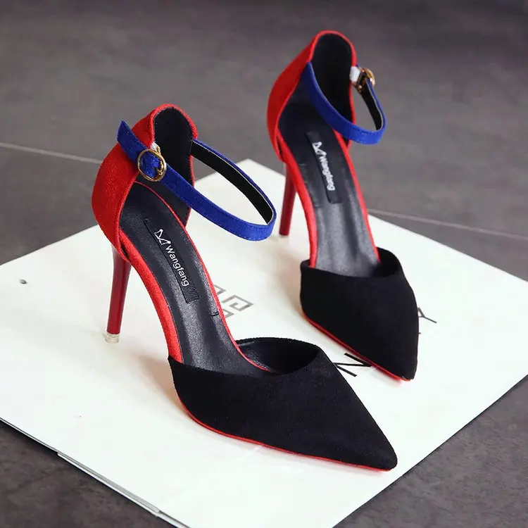 

2019 Closed-toe Korean-style A- line New Style Sandals Women's Buckle Pointed-Toe Thin Heeled Korean-style Mixed Colors Suede Ve
