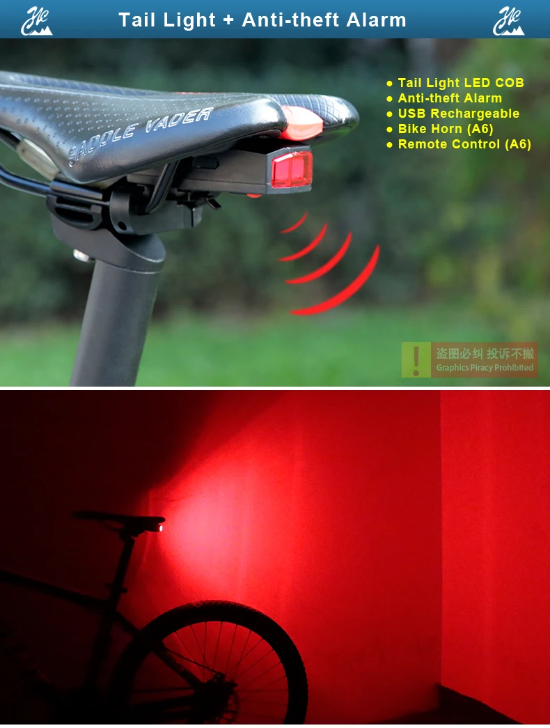 Bicycle USB Tail Light Safety Wireless Remote Anti-theft Alarm Warning Light