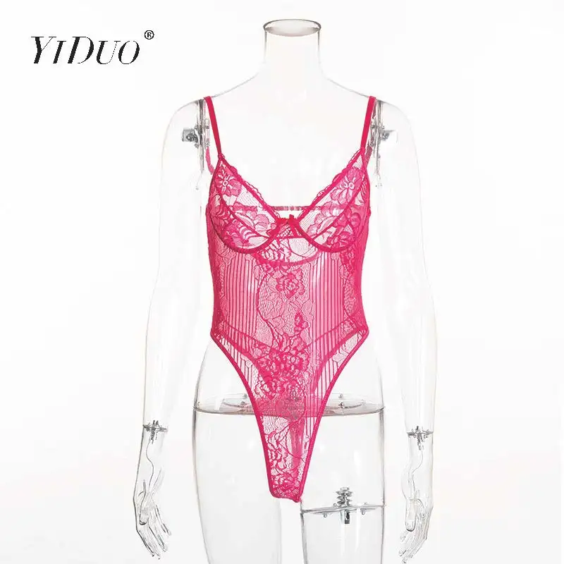Rose Red YiDuo, 20 цветов,, тонкий кружевной комбинезон для женщин, открытая спина, прозрачная сетка, бант, сексуальный комбинезон,, комбинезон с цветочным рисунком, на бретелях, боди - Цвет: Rose Red