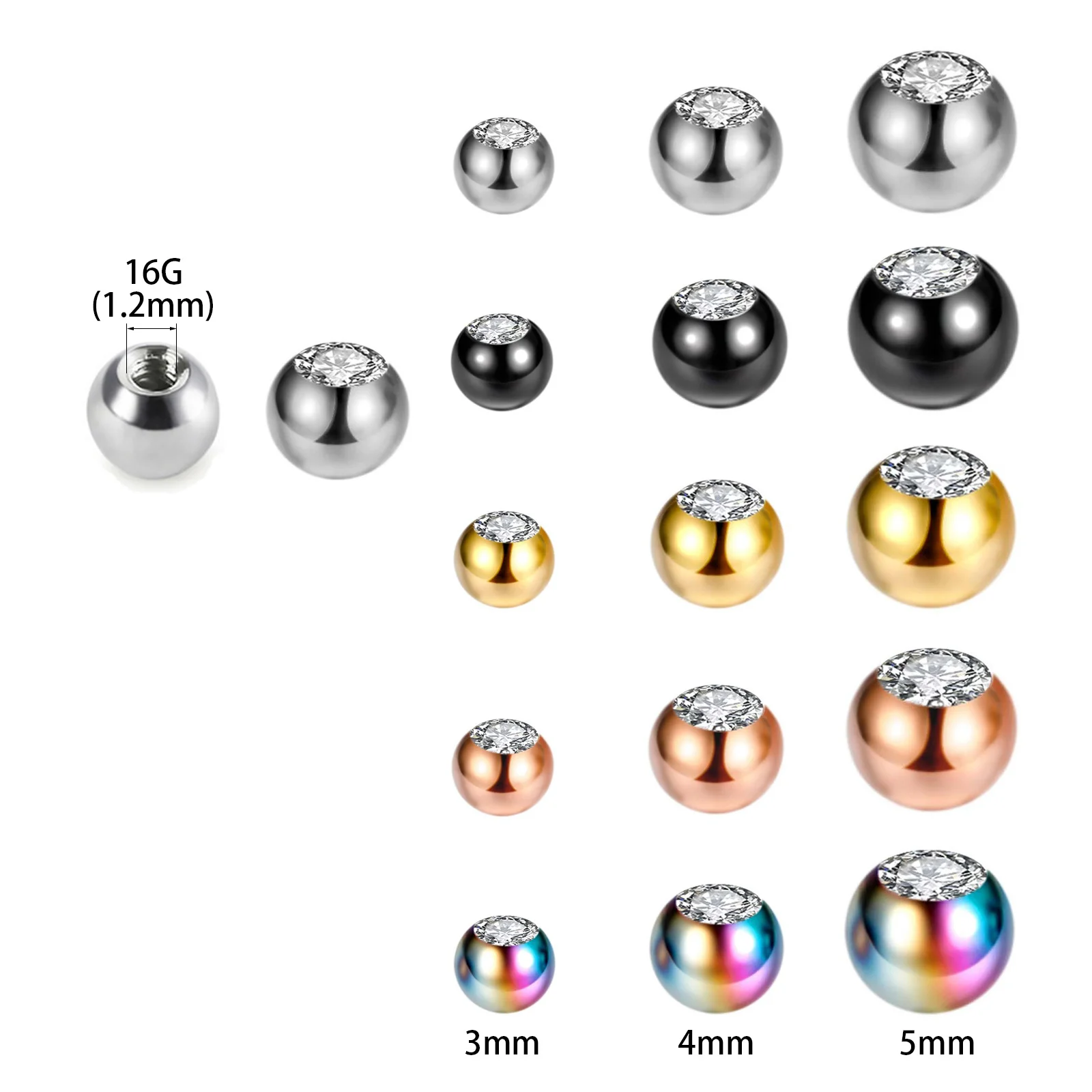 Boules de rechange en acier inoxydable pour piercing, bijoux de corps, gemme CZ, barre d'haltère, accessoires de rêves, bricolage, 16g, 1.2mm, 10 pièces