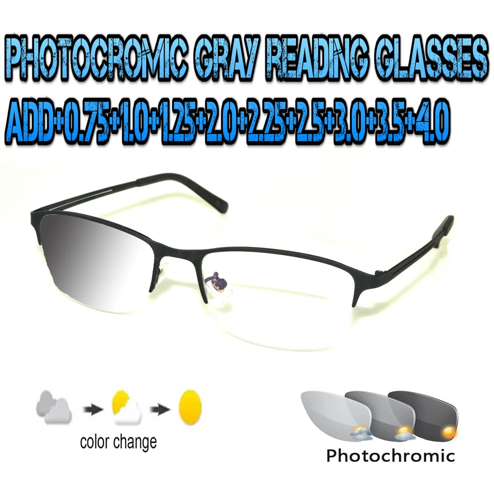 

Photochromic Gray Reading Glasses Ultralight Trend High Quality Fashion Men Women Black Metal Frame +0.75 To +4.0
