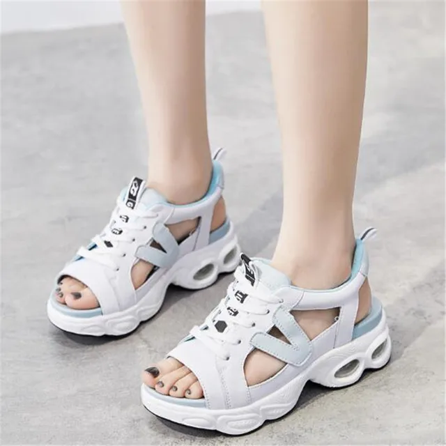 2021 New Fish Mouth Cowhide Mesh Breathable Sandals Fashion Casual Shoes Thick Bottom Air Cushion Heighten Shoes Woman Sandals 6
