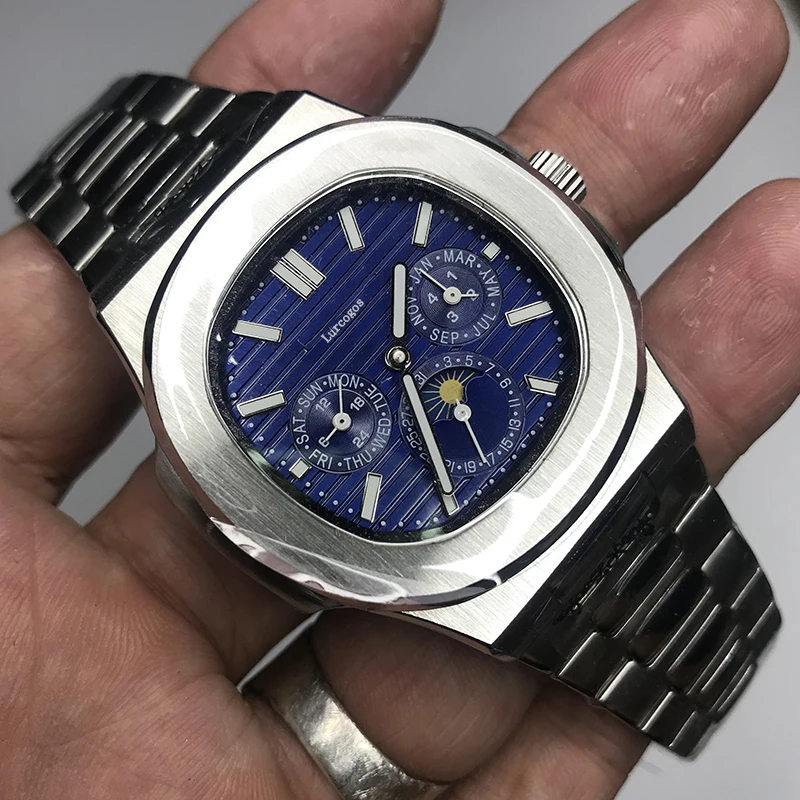 Mens silver watch PP automatic self winding glide smooth blue dial AAA quality all small sub dials works 315L stainless steel | Наручные