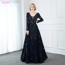 Новая коллекция Дубай темно-синие вечерние платья с длинным рукавом Длинные вечерние платья бархатные с v-образным вырезом бриллианты