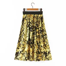 Для женщин Винтаж жёлтый пляжный комплект с цветочным принтом, плиссированное платье миди юбка женская застёжка-молния на каждый день большие качели chic плиссированные юбки