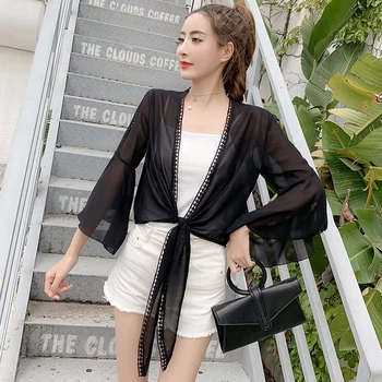 

Sunscreen Cardigan Blouse Shirt Women Summer Chiffon Blouses V-Neck Ladies Kimono Casual Tops Boho Beach Lace Sunproof Outwear