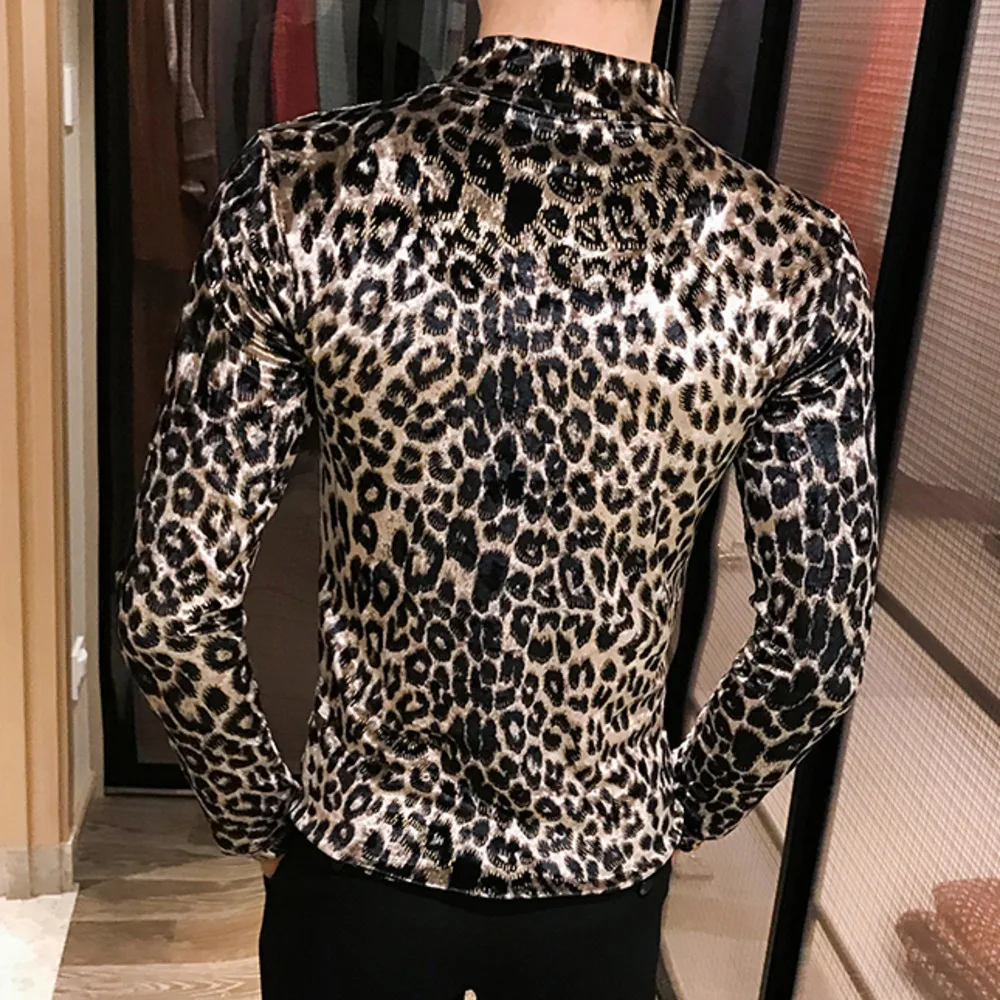 С бриджами леопардовым принтом водолазка Для мужчин Slim Fit бархат футболка Для мужчин с длинным рукавом осень обувь для ночного клуба уличная мода, вечеринки футболки Homme