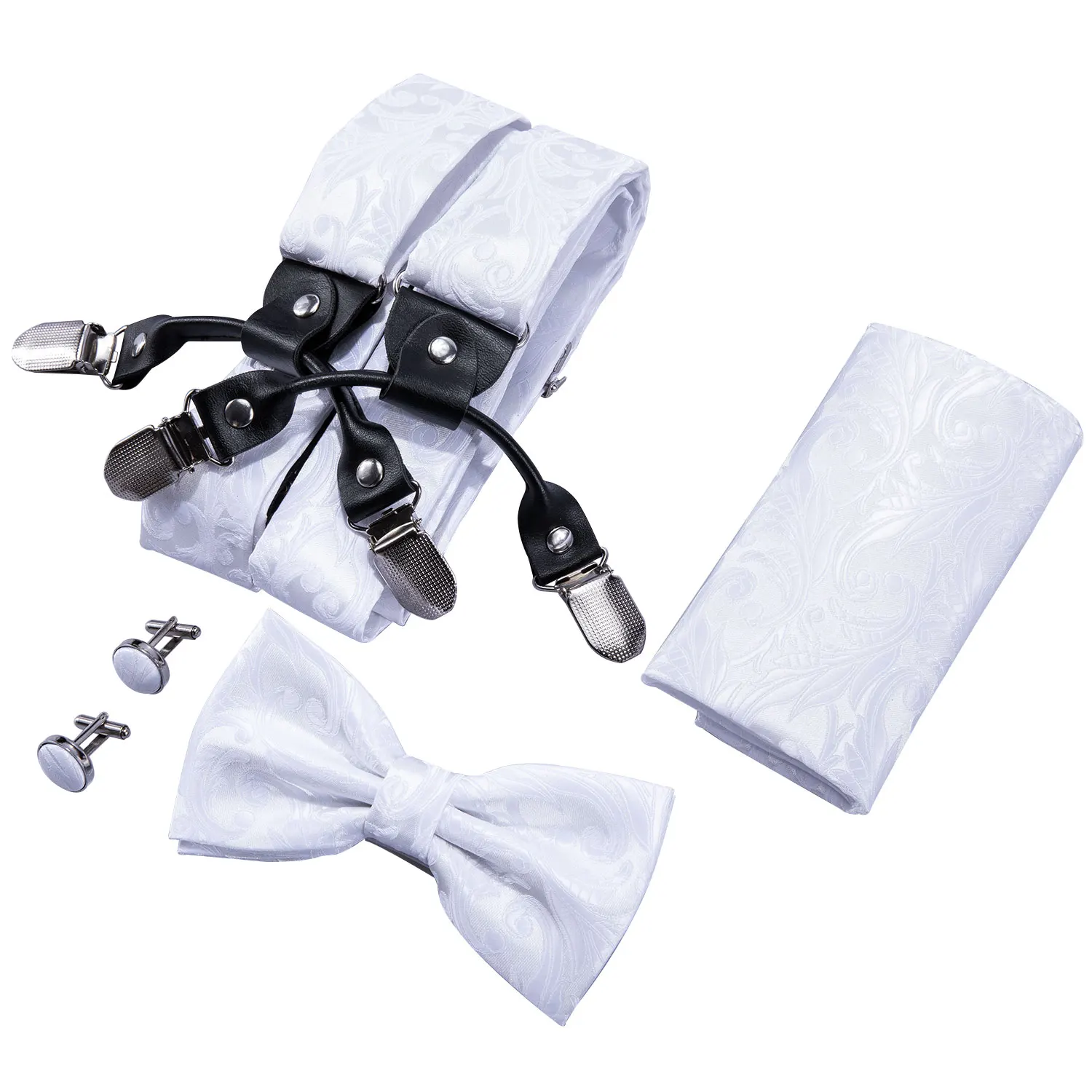 Белые подтяжки для мужчин, шелковые эластичные штаны, подтяжки, ремень, цветочный бантик, набор запонки, регулируемые подтяжки для подарка, BD-2006