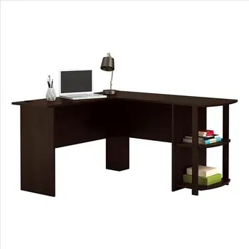 

L-Shaped Wood Right-angle Computer Desk with Two-layer Bookshelves Dark Brown，ship from US drop shipping