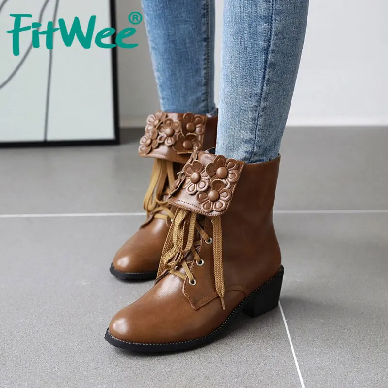 

Fitwee Size 33-43 Women Ankle Boots Fashion Flowers Winter Warm Shoes Women Zipper Lace Up Footwear