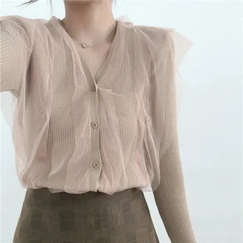 

Women's patchwork knitted open needlework sweater