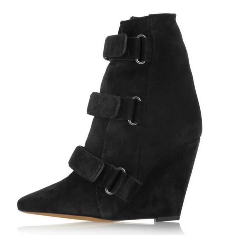 

Black Hook Wedges Boots Pointed Toe Suede Height Increasing Ankle Bootie Fashion Ladies Runway Party Dress Shoes Drop Ship