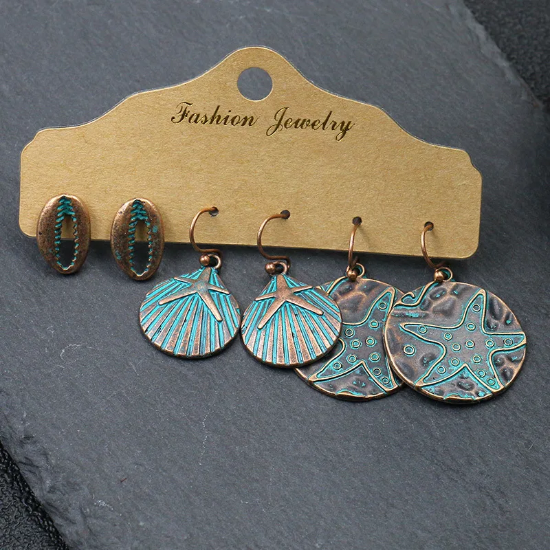 Ethnic Patina Green Sea Earring Cowrie Shell Scallop Sand Dollar Charm Dangle Drop Bohemia Beach Women Jewelry | Украшения и