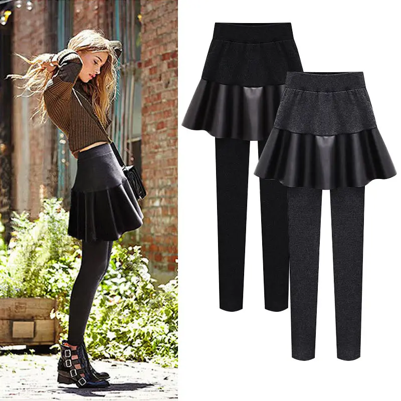 

Autumn Winter Fake Two-Piece Leggings Women's Fleece Thick High Waist Outerwear Leggings Slimming Patchwork PU Leather Culottes
