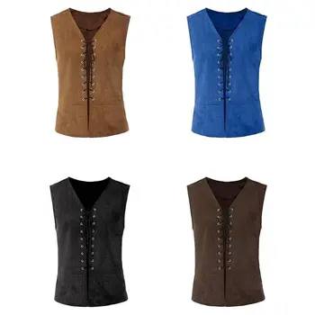 

Mens Vintage Medieval Vest Gothic Steampunk Sleeveless Jacket Solid Color Criss Cross Lace-Up Renaissance Waistcoat