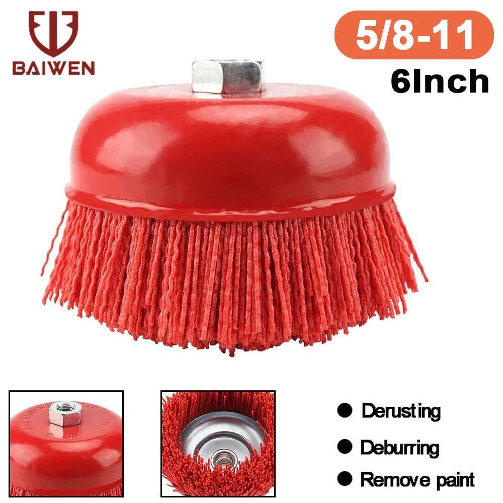 1pc 6 Inch Cup Nylon Abrasive Brush Wheels 5/8'' 11 Nut Pile Polymer
