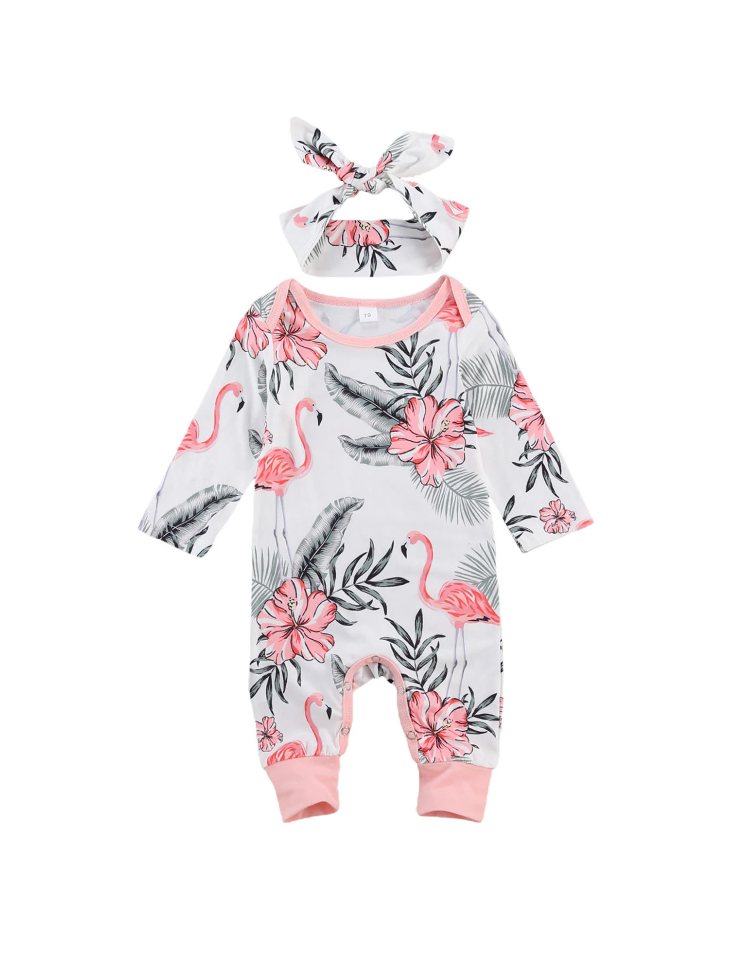 

2 Pcs Baby Cotton Flamingo Print Suit Pink White Round Neck Long Sleeve Loose Jumpsuit Cute Bow Headband Daily Life 0-18 Months