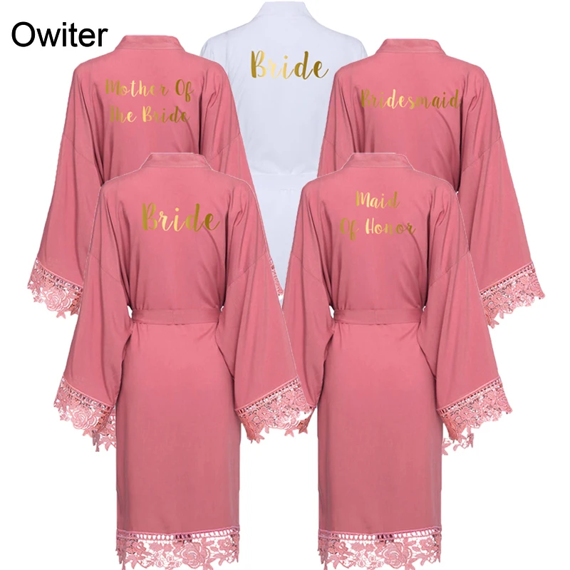Owiter 2019 розовое однотонное хлопковое кимоно, халаты с кружевной отделкой, женское свадебное платье невесты, короткий халат, одежда для сна
