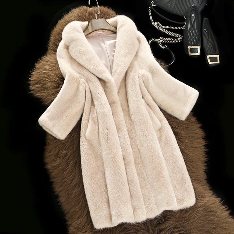 Зимняя женская тонкая куртка из искусственного меха с отворотом, толстое длинное пальто, пушистое пальто из искусственного меха, розовые меховые пальто размера плюс, Женская Корейская одежда