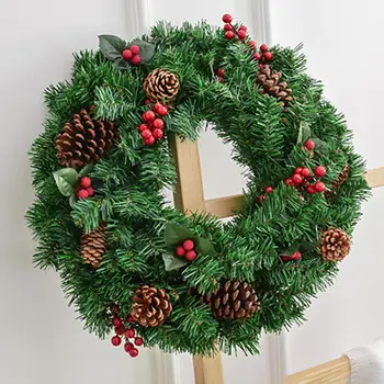

40CM Christmas Wreath Pinecones Red Berries Handmade Wreath for Door Hanging Hotel Scene Layout