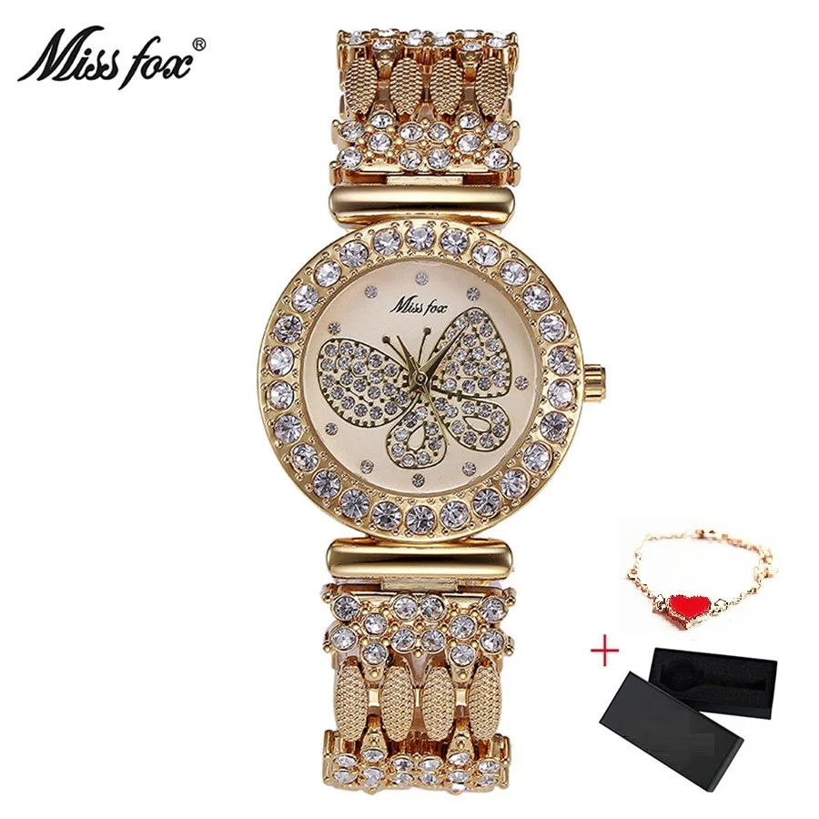 Gold MISS FOX бабочка Золотые женские часы люксовый бренд большой алмаз девушка часы водонепроницаемые женские наручные часы Бесплатный браслет сердце подарок - Цвет: Gold
