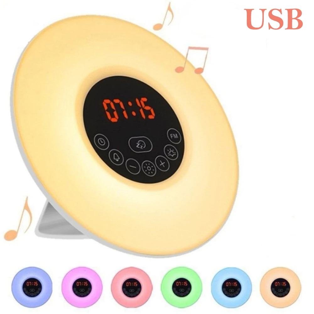 Креативный светодиодный светильник с двойным будильником, будильник, цифровой Повтор, цветной Ночной светильник, имитации восхода и заката, часы с fm-радио - Цвет: USB