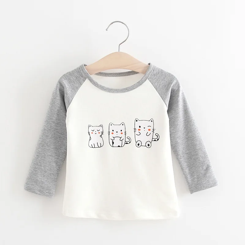 VIMIKID/коллекция года, весенне-осенняя футболка для маленьких девочек Милая футболка с длинными рукавами и круглым вырезом и рисунком кота детская одежда